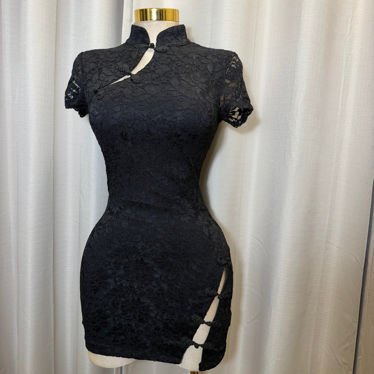 Black Lace Korean Mini Dress-Black