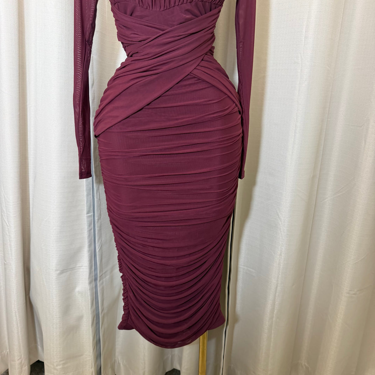 Long sleeve Mesh  Dress-Burgundy