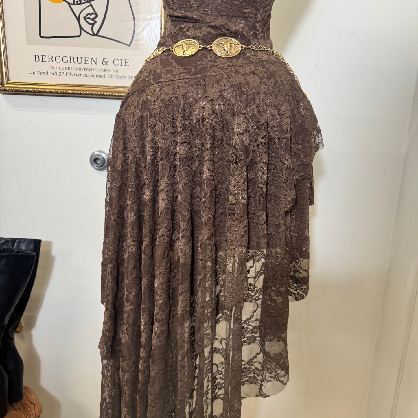 Lace Double Layer Ruffle Asymmetrical Maxi Dress-Brown