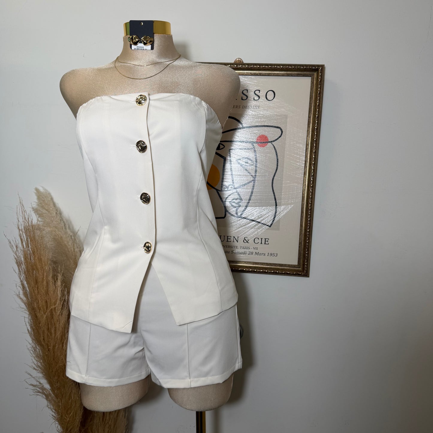 Strapless Gold Button Top Short Set-Ivory