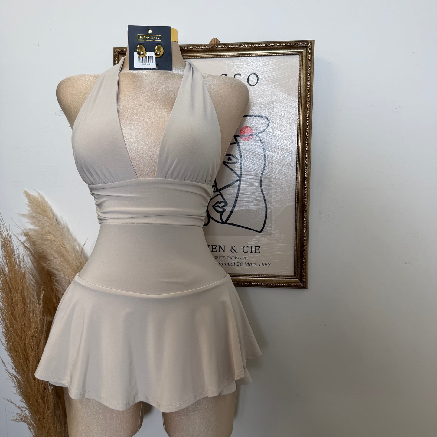 Sleeveless Open Back Halter Ruffle Romper-Stone