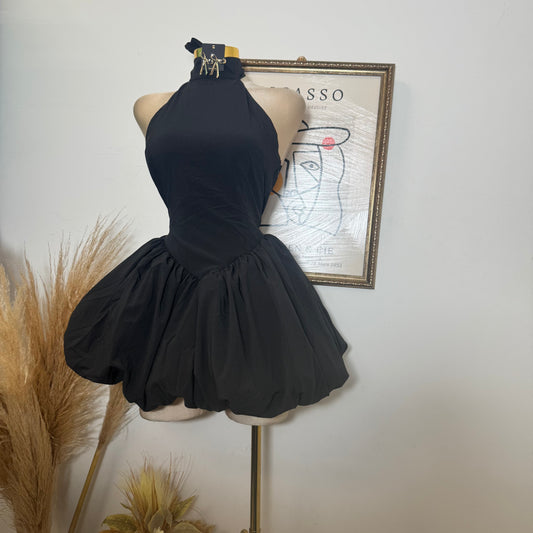 Crepe High Halter Neckline Bow tie Detail Dress-Black