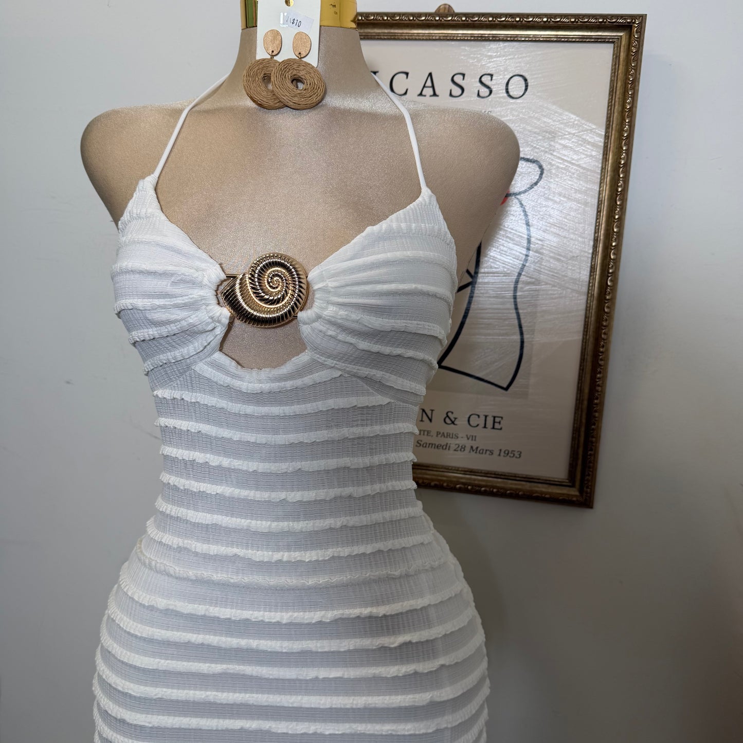Texture Fabric Turban Shell Metal Trim Halter Maxi Dress-Ivory