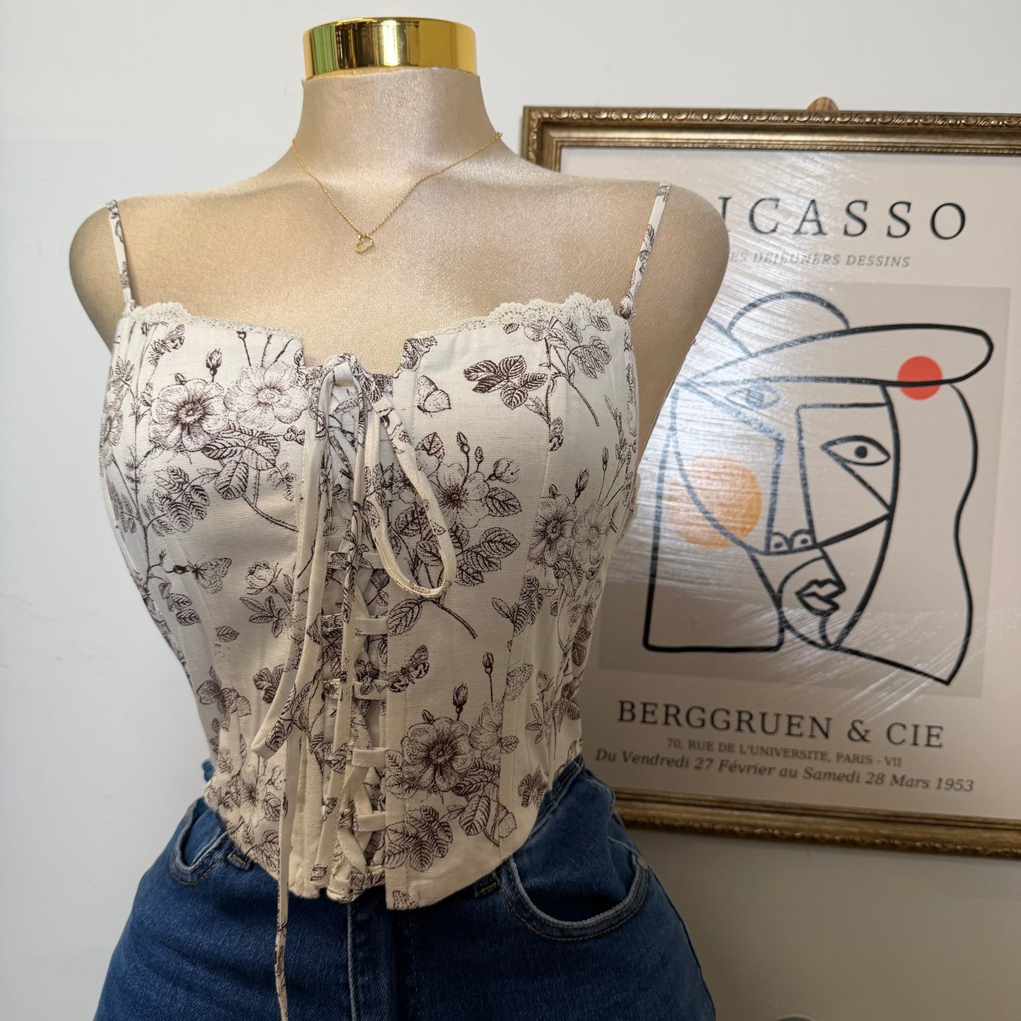 Lace Trim Neck Smocked Back Floral Corset Crop Top-Beige/Brown