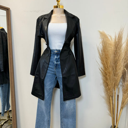 PU double Breasted  Belted Trench Coat-Black