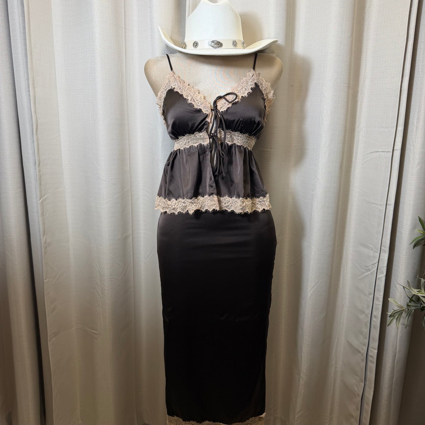Satin Midi Skirt open front top-Brown