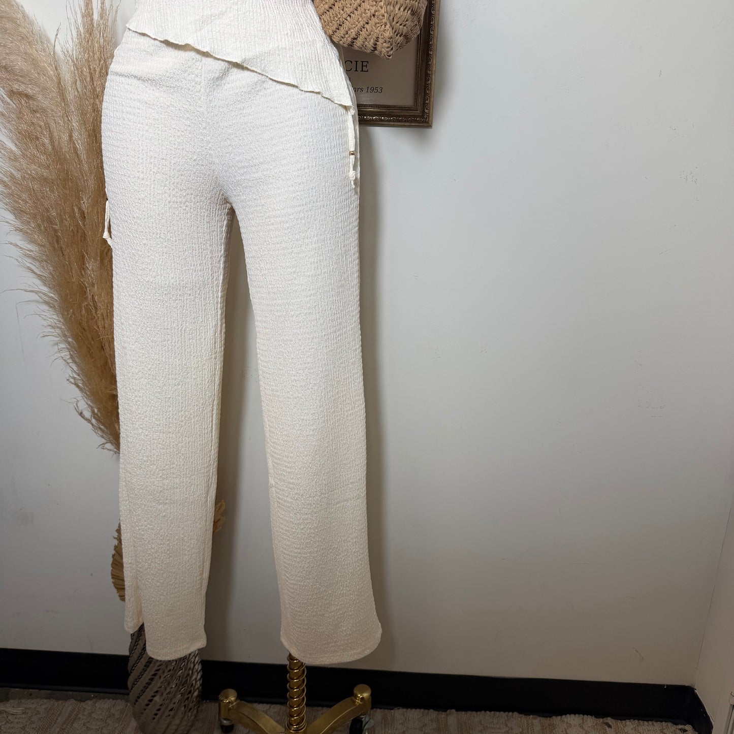 Asymmetrical hem Halter Top Wide leg Set-Ivory