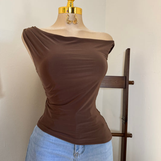 Asymmetrical Off Shoulder Ruched Crop Top-Brown