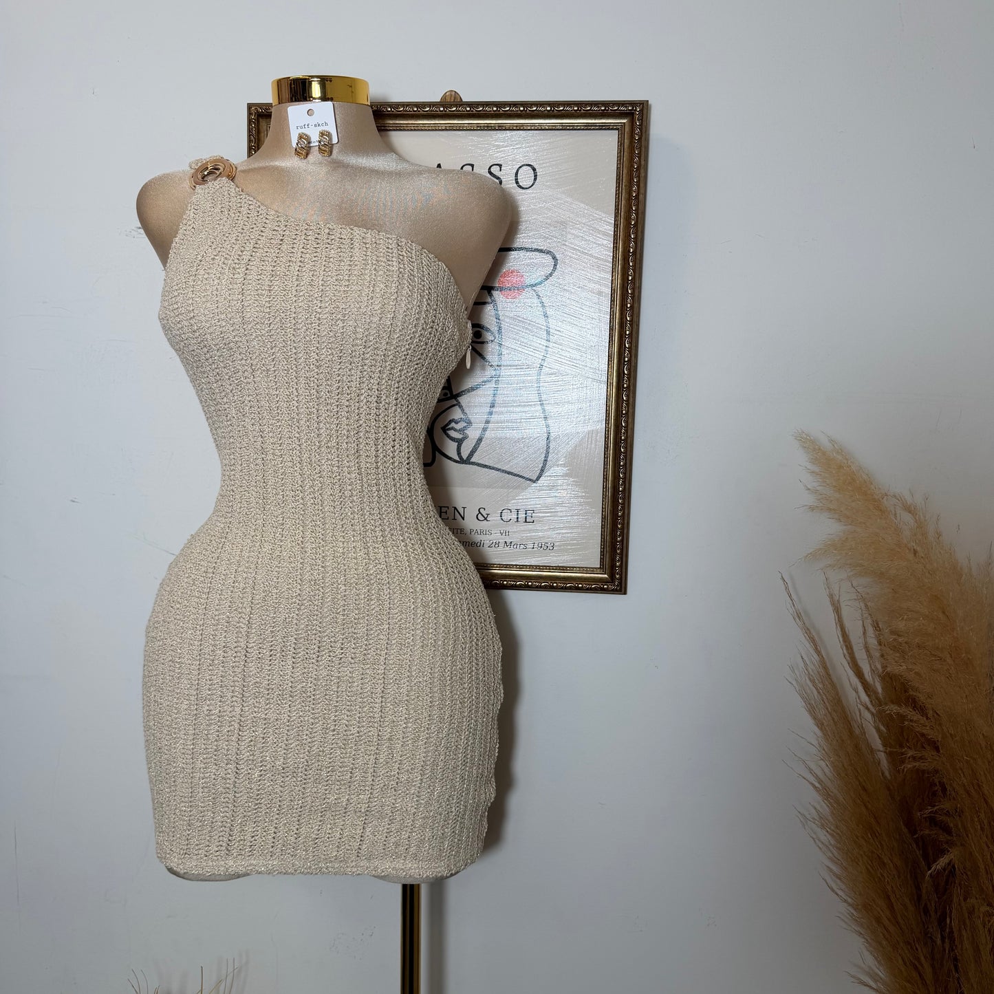 One shoulder Metallic Crochet Knit Mini Dress-Natural