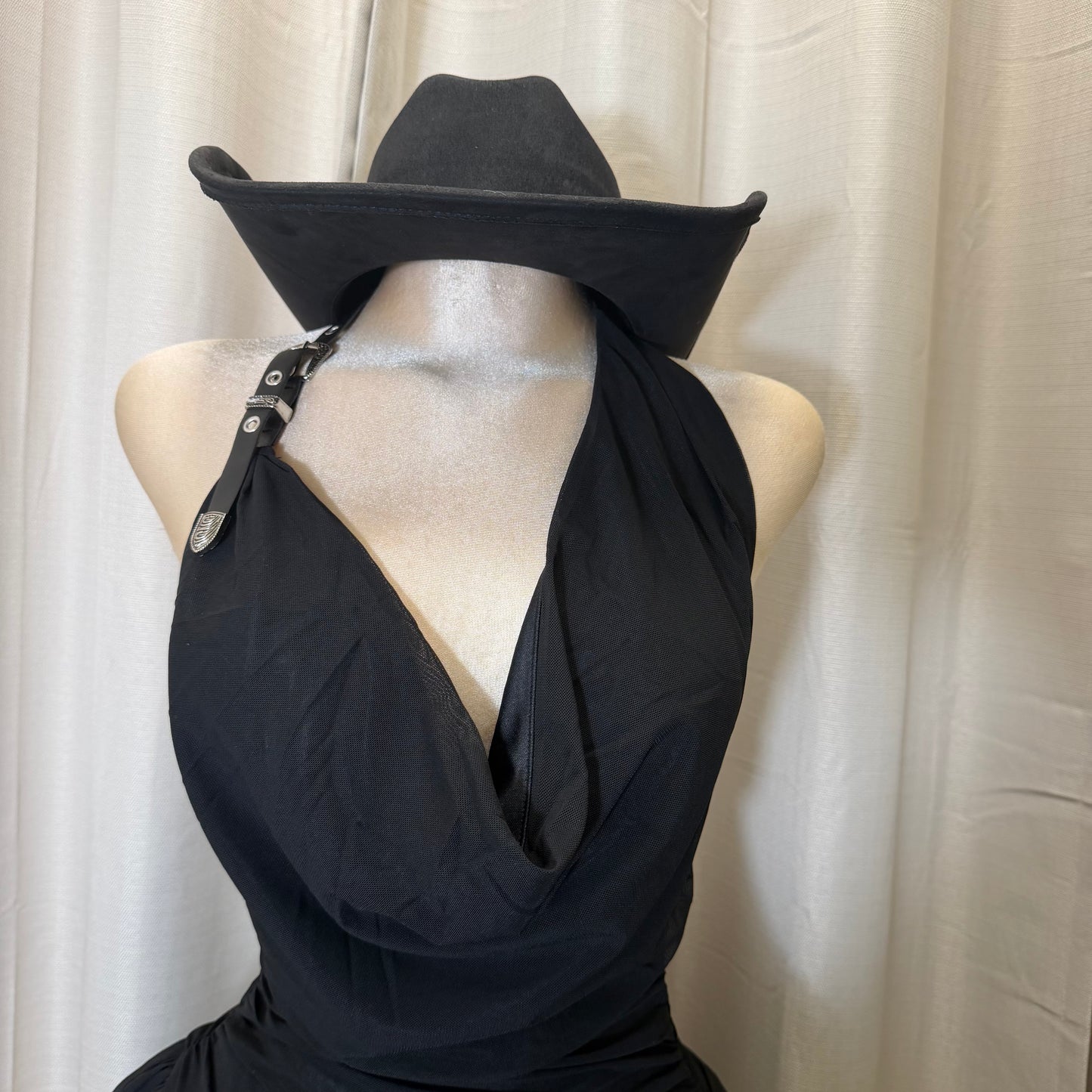 Buckle Halter Ruched Mini Fit and Flare Dress-Black