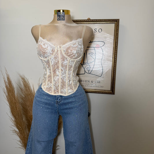 Lace Flower Wire Bra Corset-White