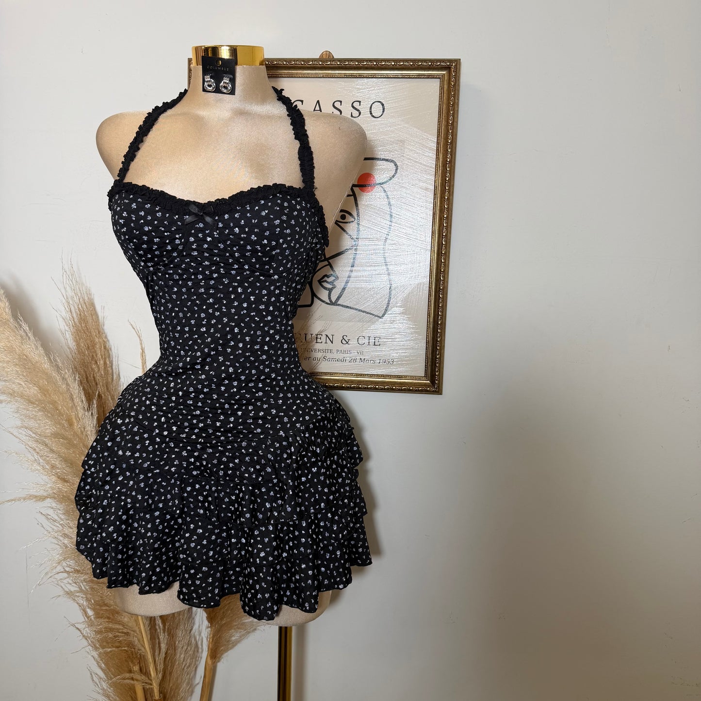 Tiered Ruffle Skirt And Halter Top Mini Dress-Black