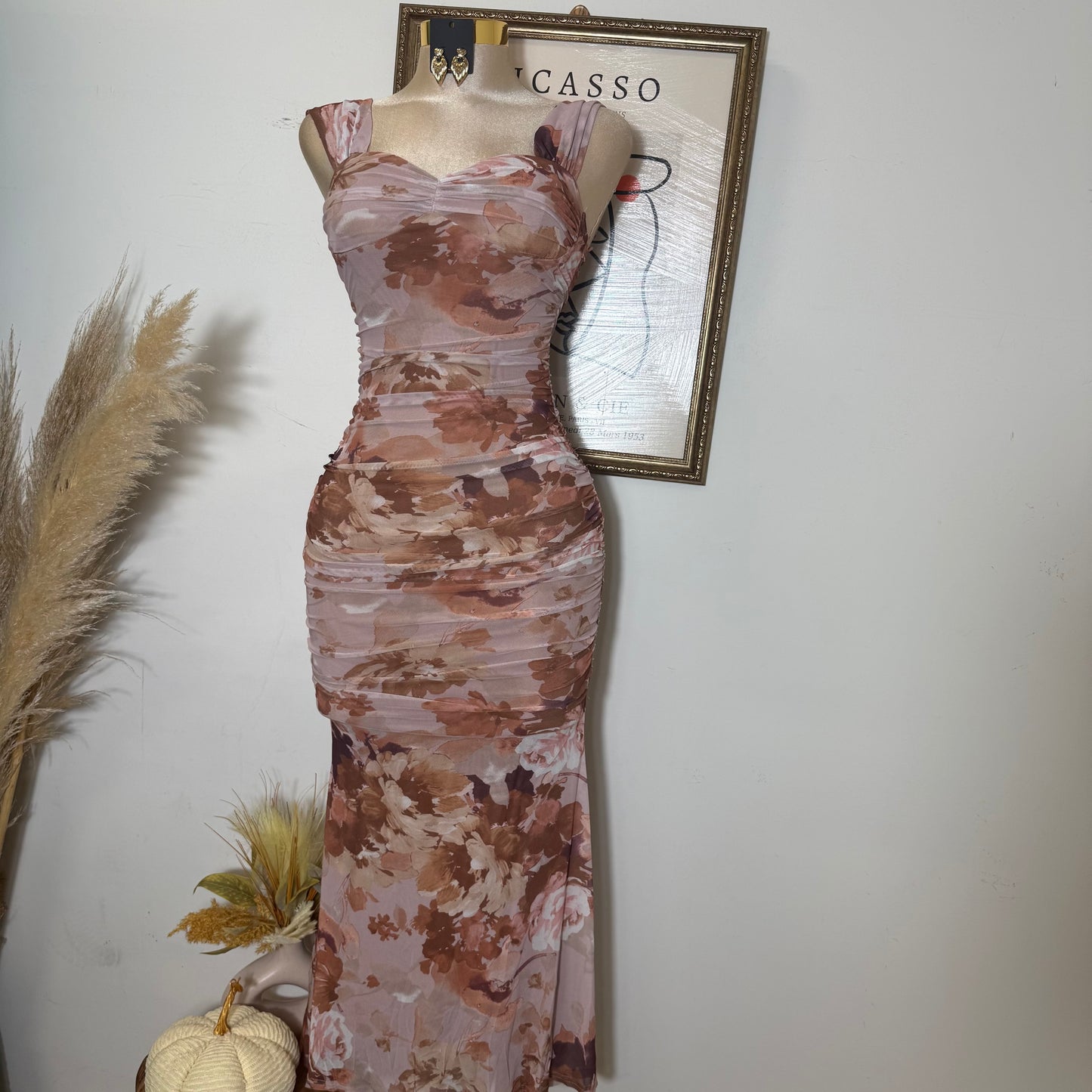 Off Shoulder Bustier Ruching Maxi Dress-brown