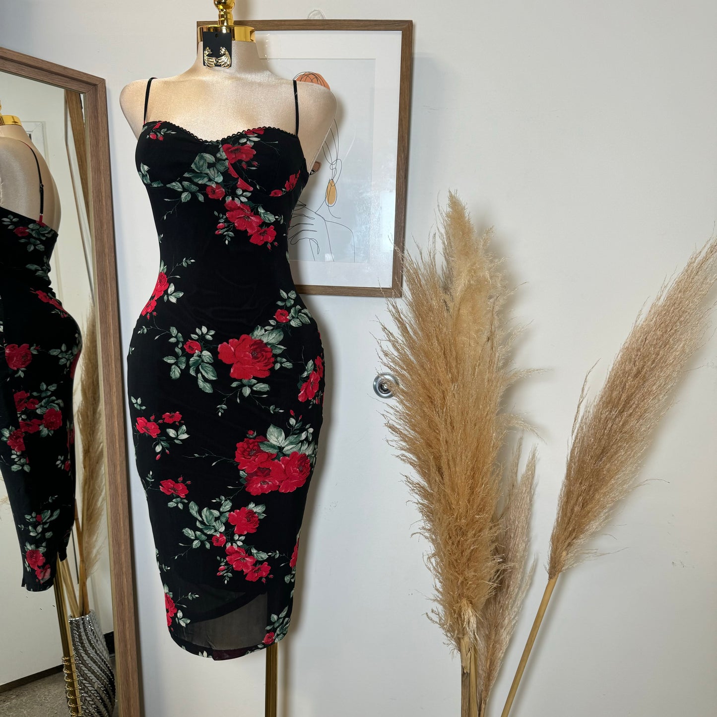 Rose Mesh Spaghetti Dress-Black/Red