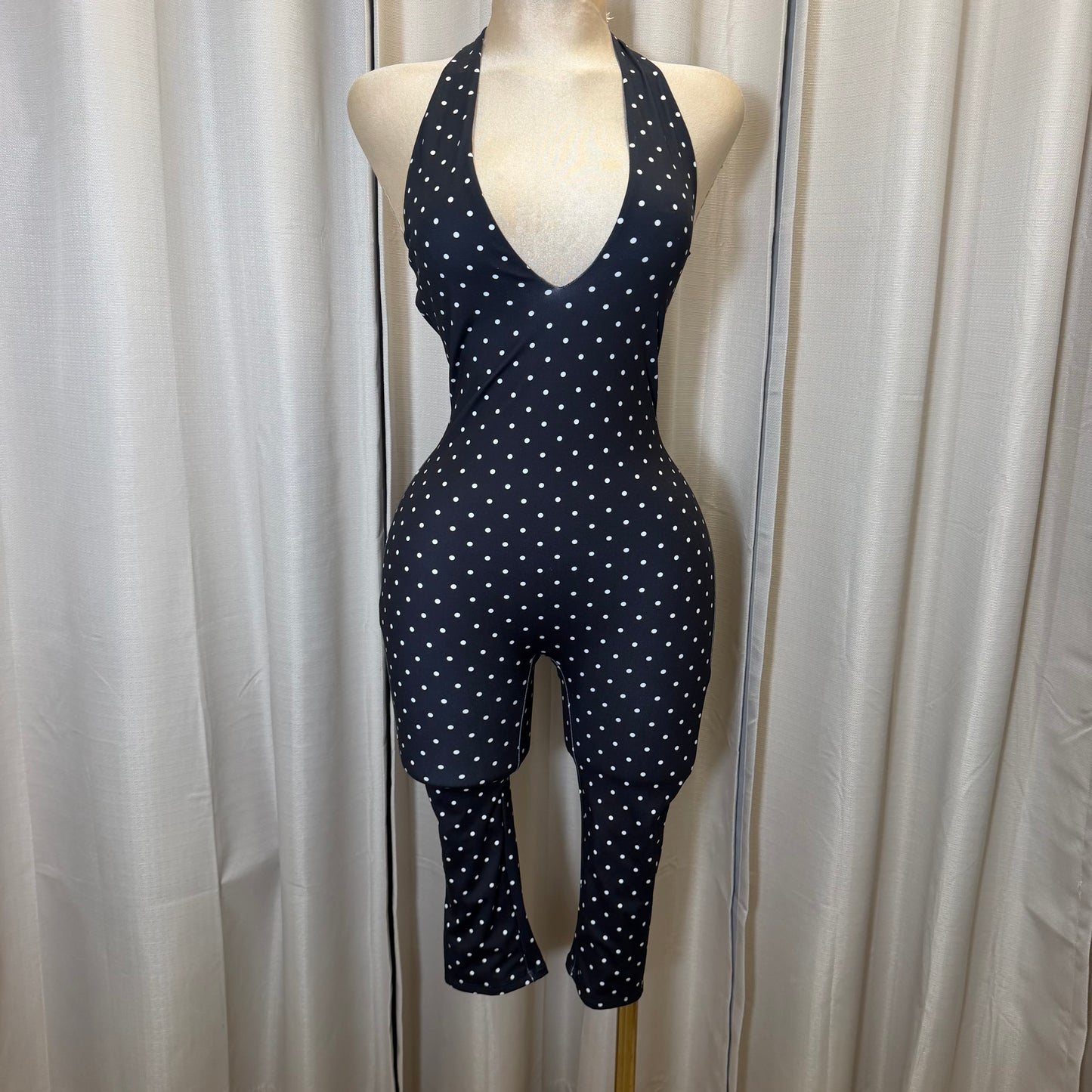 Halter Polka Dot Jumpsuit-Black/white