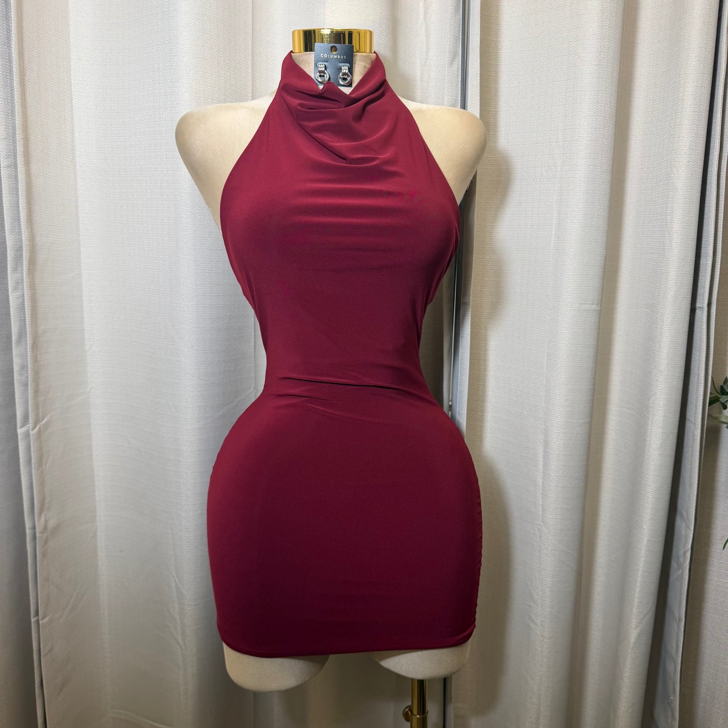 Sleeveless Halter Cowl Neckline Mini Dress-Burgundy