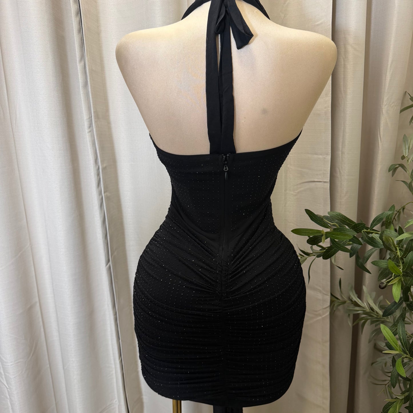 EMBELLISHED MESH COWL NECK MINI DRESS-Black