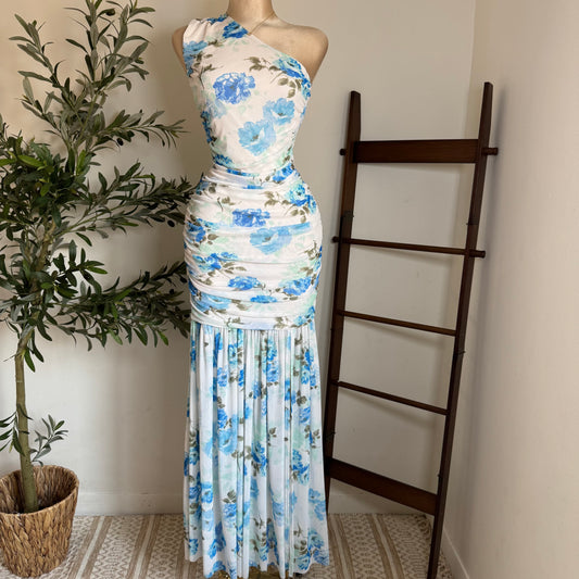 One Shoulder Mesh Maxi Dress-Blue/White