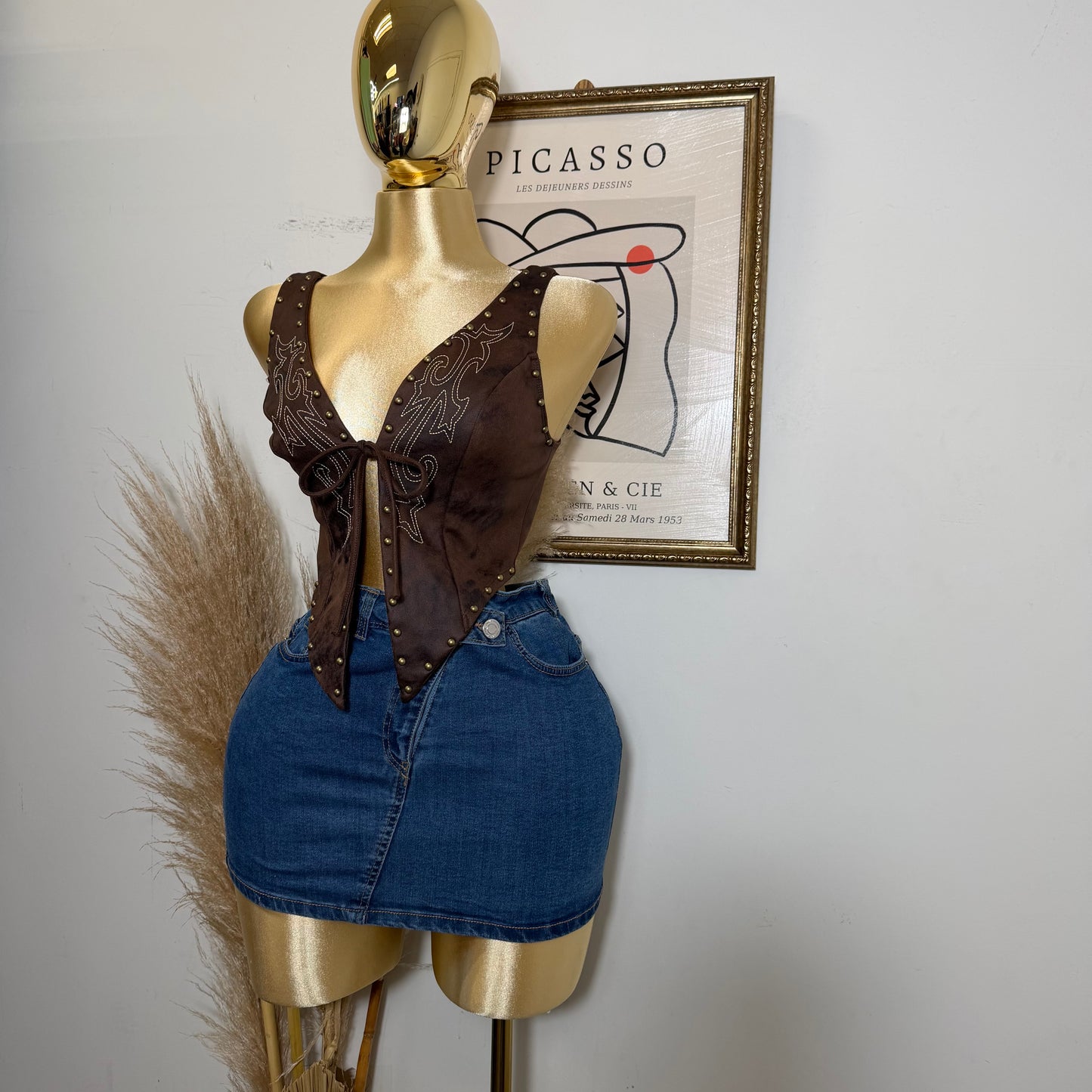 Halter Suede Embroidered Self tie Top-Chocolate