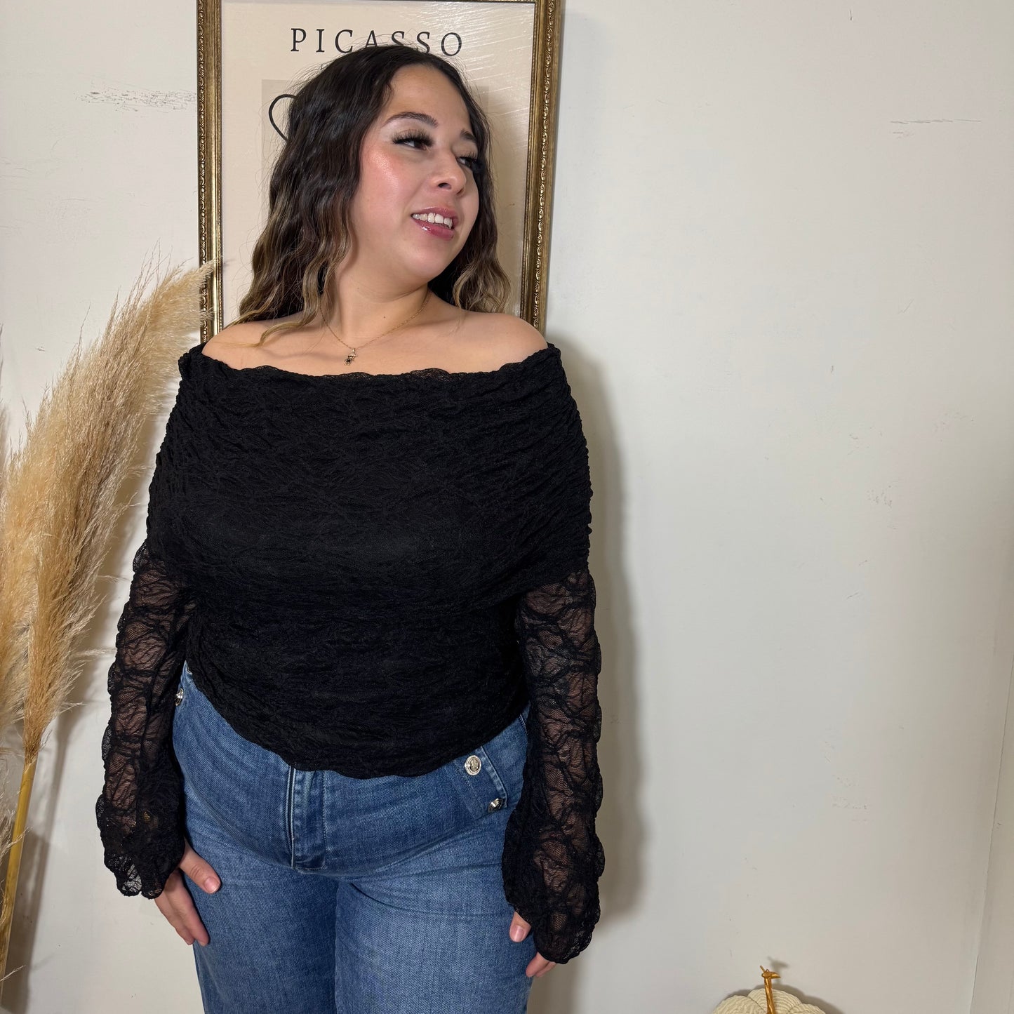 Lace Off Shoulder Top-Black