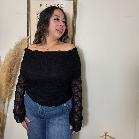 Lace Off Shoulder Top-Black