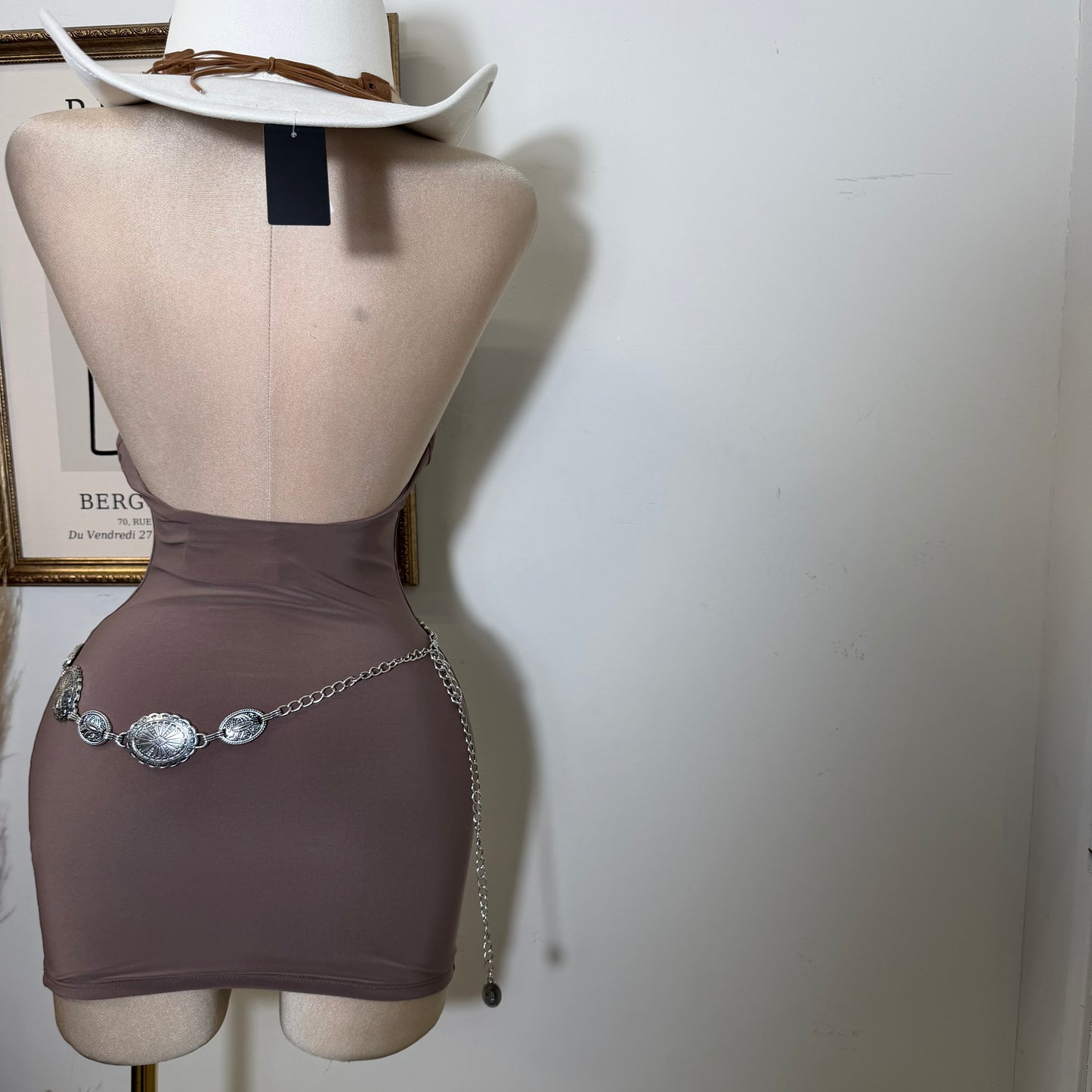 Sleeveless Halter Cowl Neckline Mini Dress-Mocha
