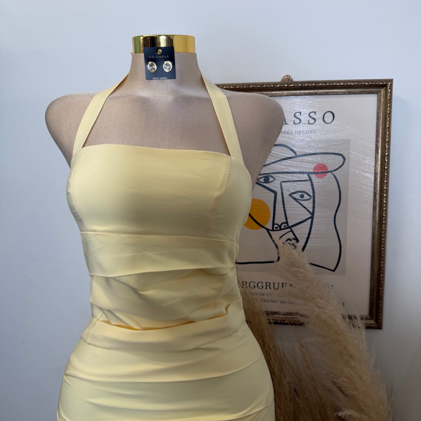 Halter Neck Structured Back Slit Maxi Dress-Baby Yellow