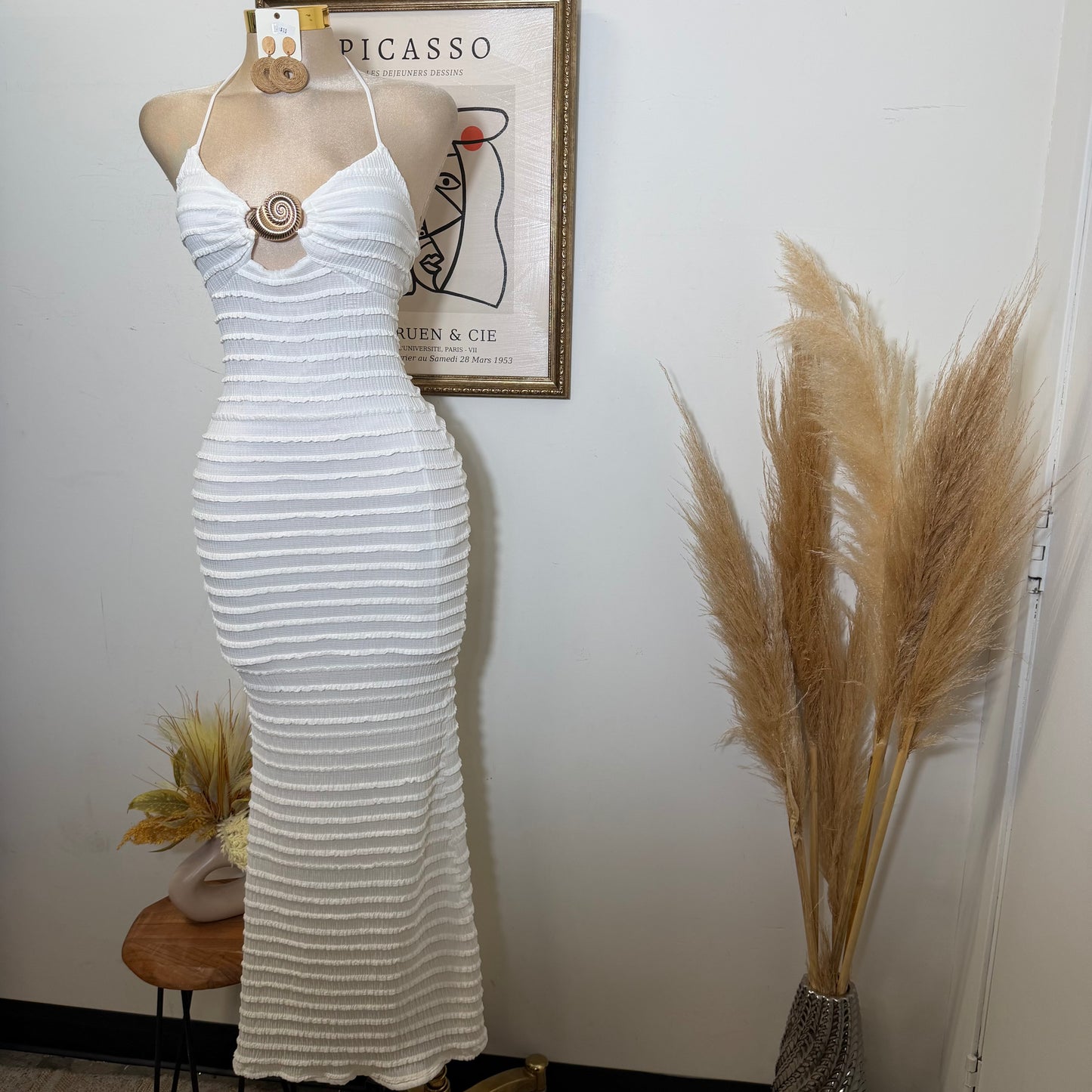 Texture Fabric Turban Shell Metal Trim Halter Maxi Dress-Ivory