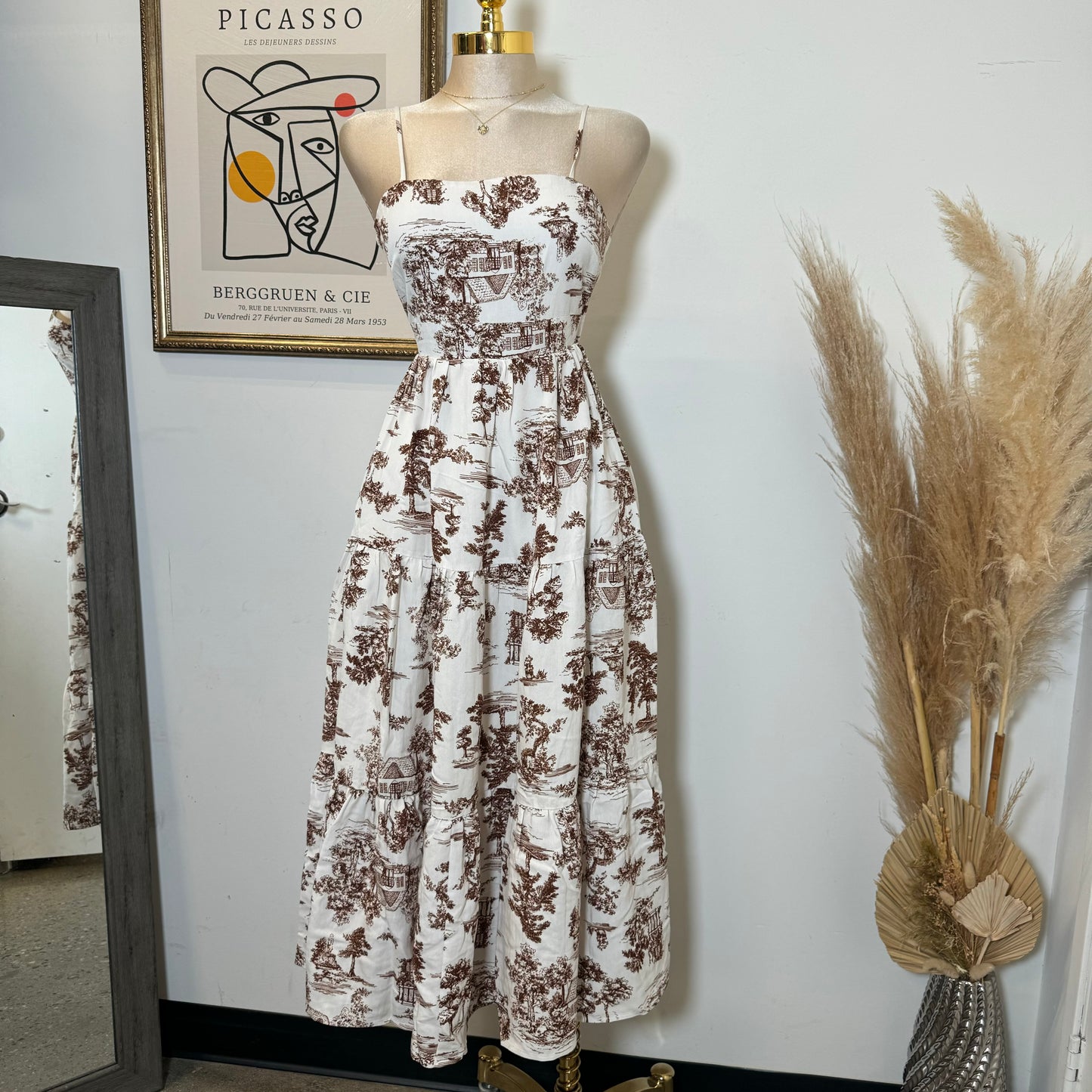 Summer Dress Open Back-White/Brown