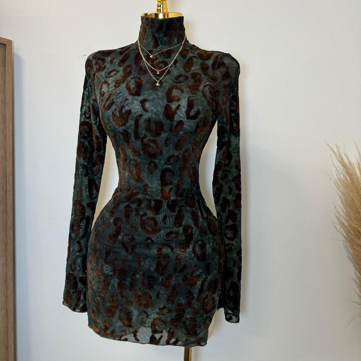 Cheetah Mesh Long Sleeve Dress-Multi Brown