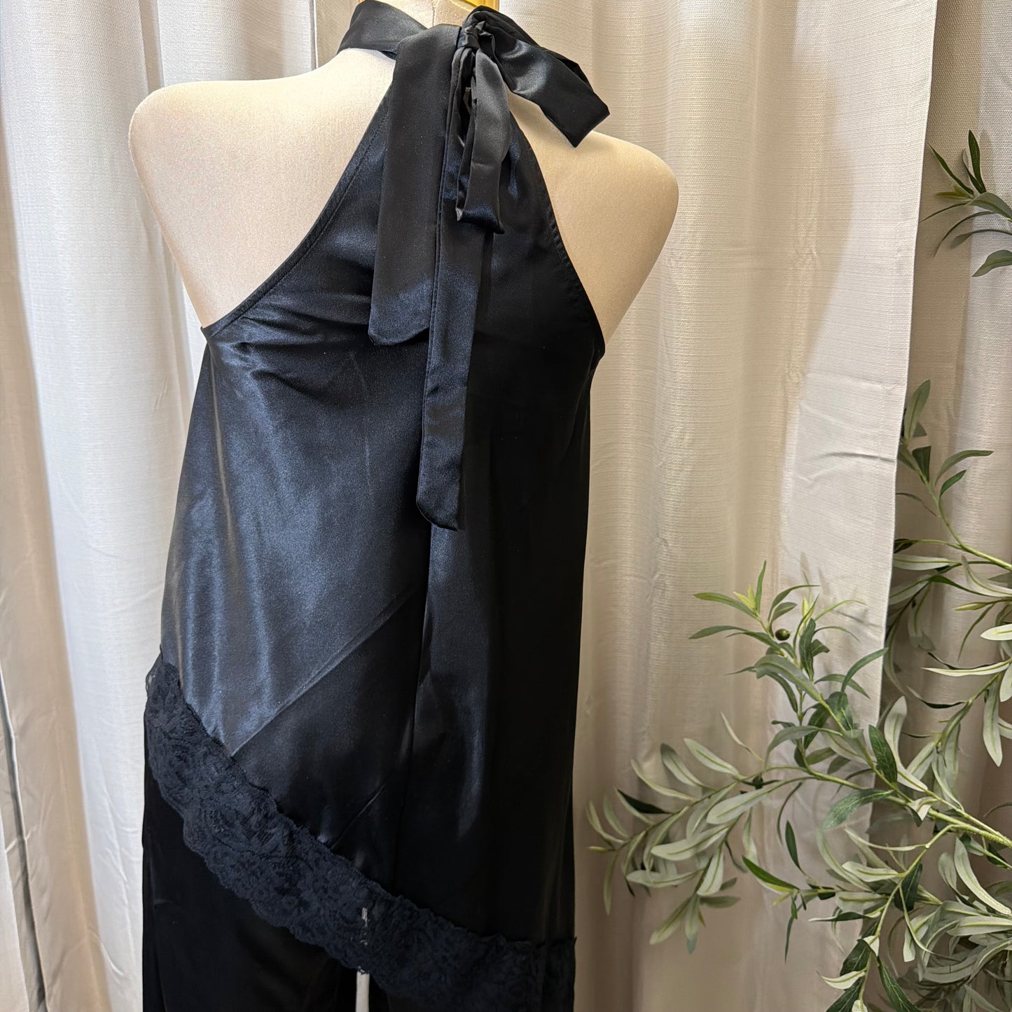 Asymmetrical Lace Top and Satin Pant Set-Black