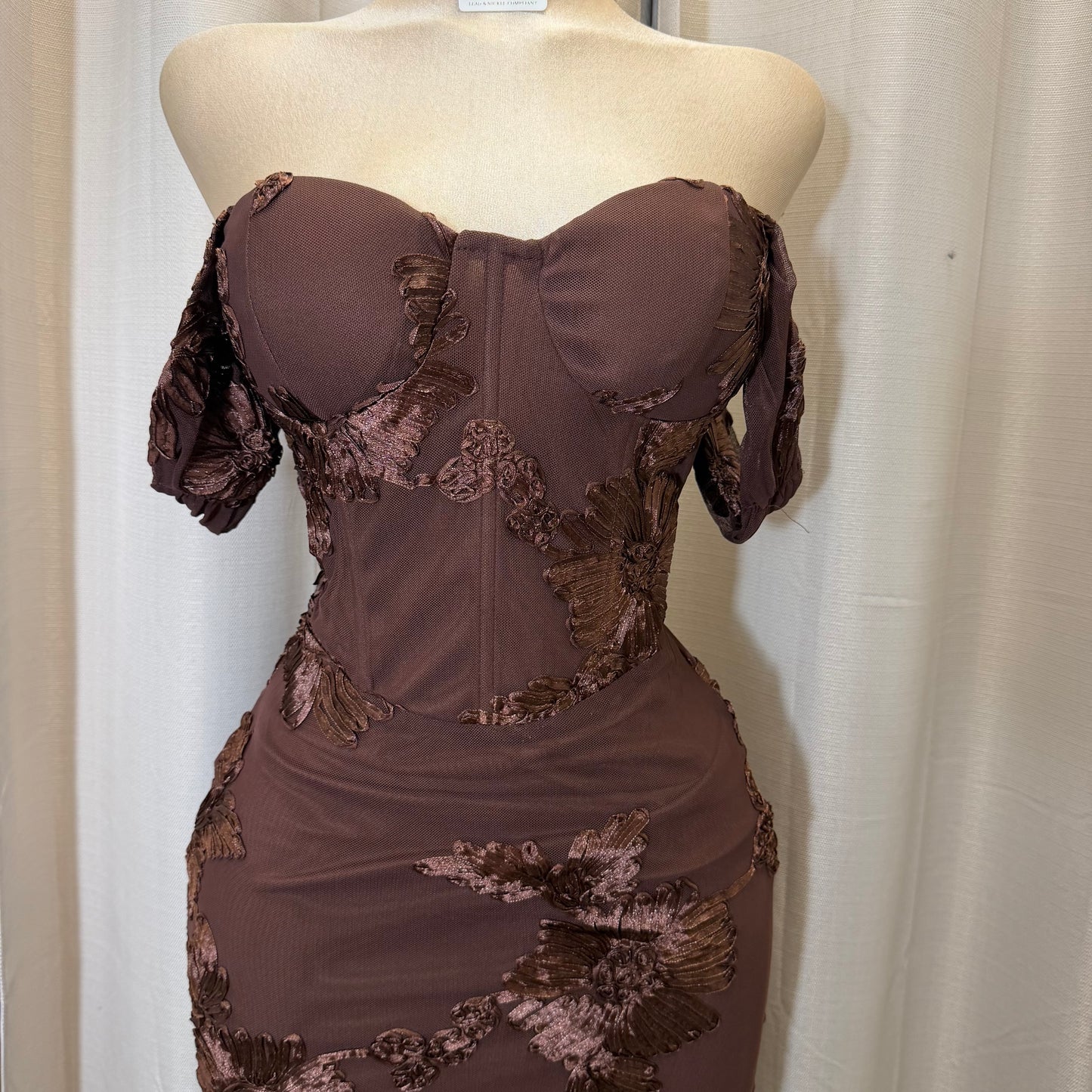 Elegant Floral Appliqué Off shoulder mermaid Maxi Dress-Brown