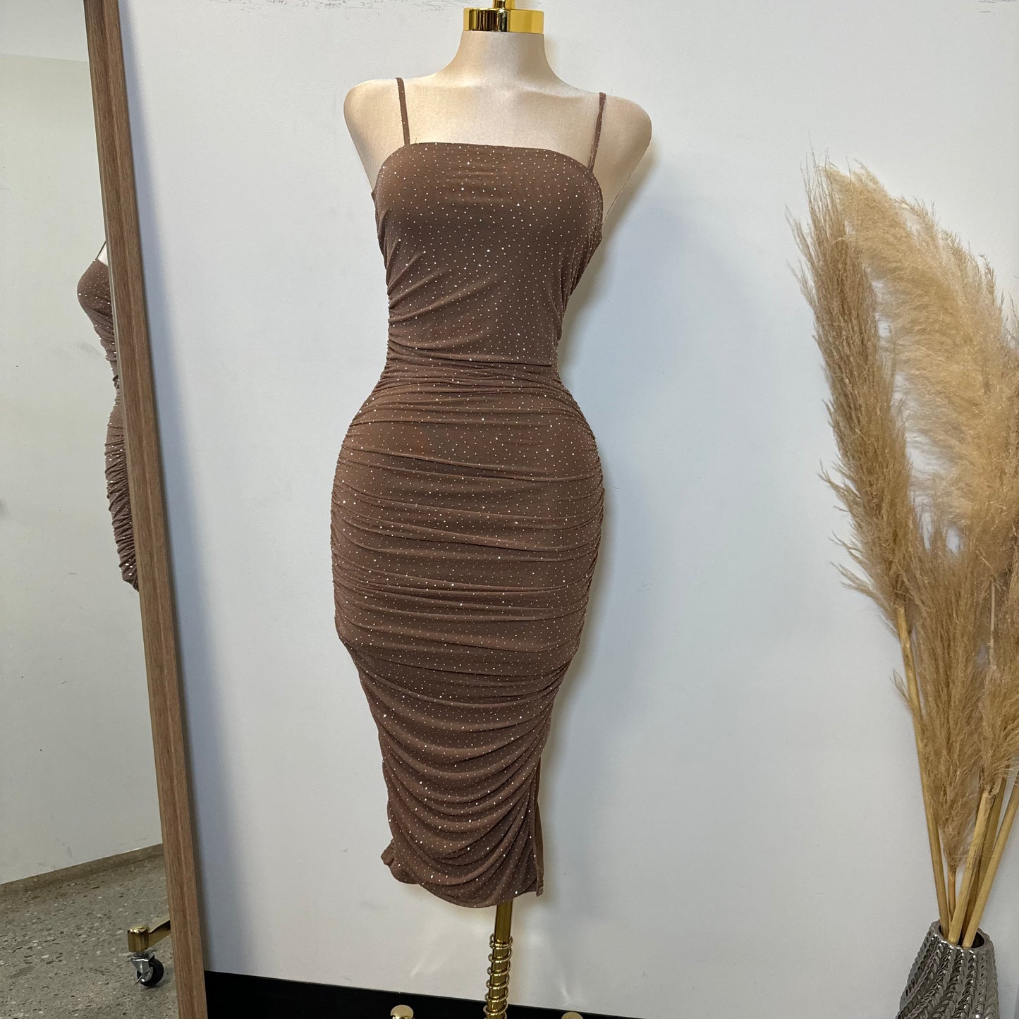 Sol Rhinestone Midi Dress-Brown