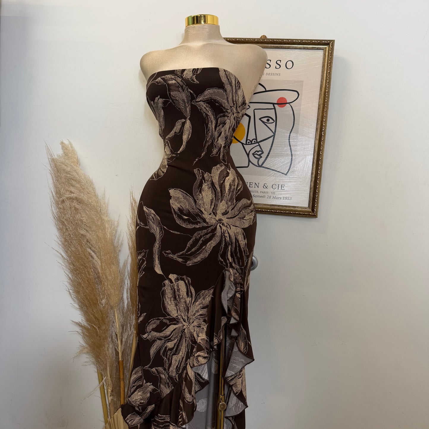 Floral Back Closure Ruffle Slit Maxi Dress-Brown