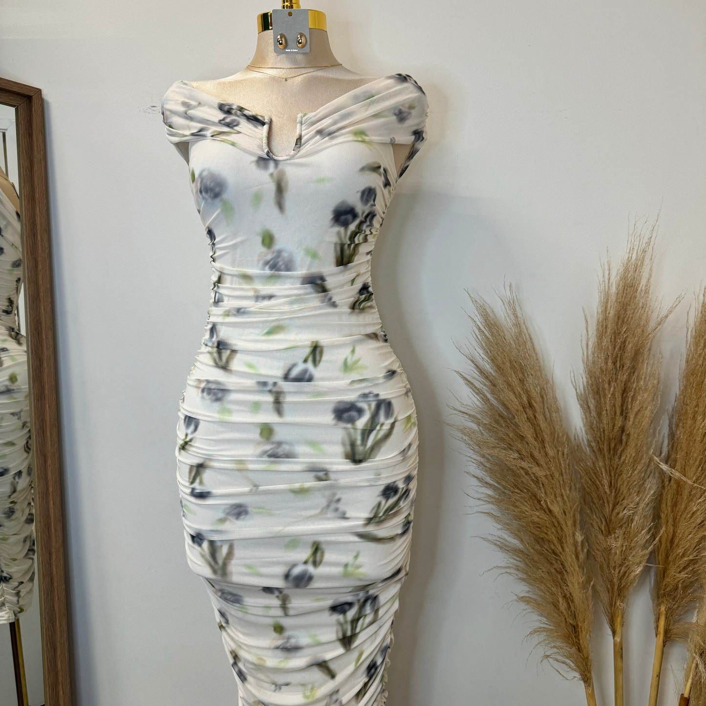 Spring Off shoulder Dress-Cream Multi