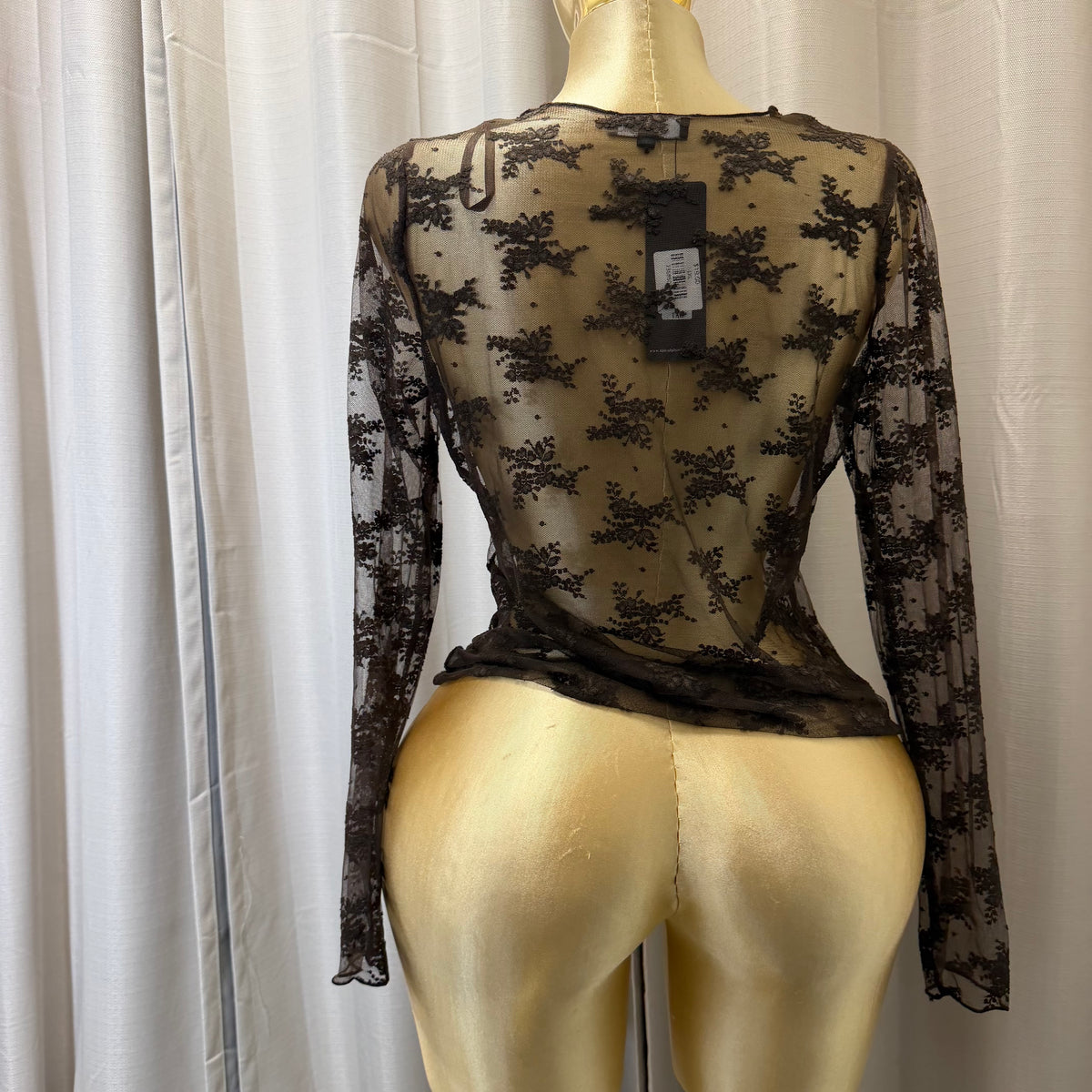 PL Long sleeve sheer lace Mesh Top-Brown