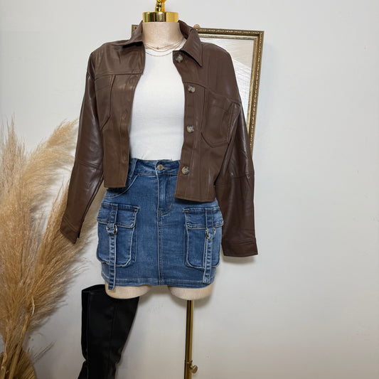 Pu Faux Leather Cropped Jacket-Brown