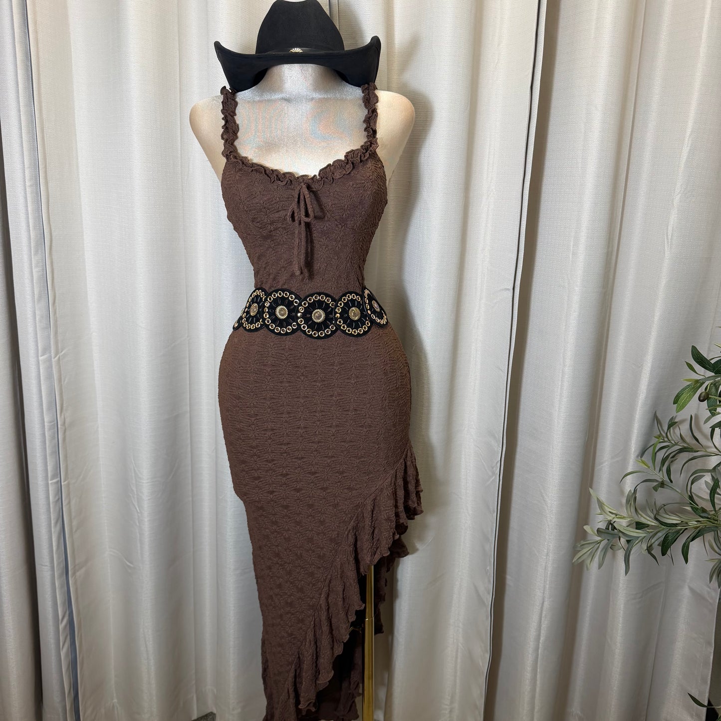 Daisy Asymmetric Skirt Midi Dress-Brown