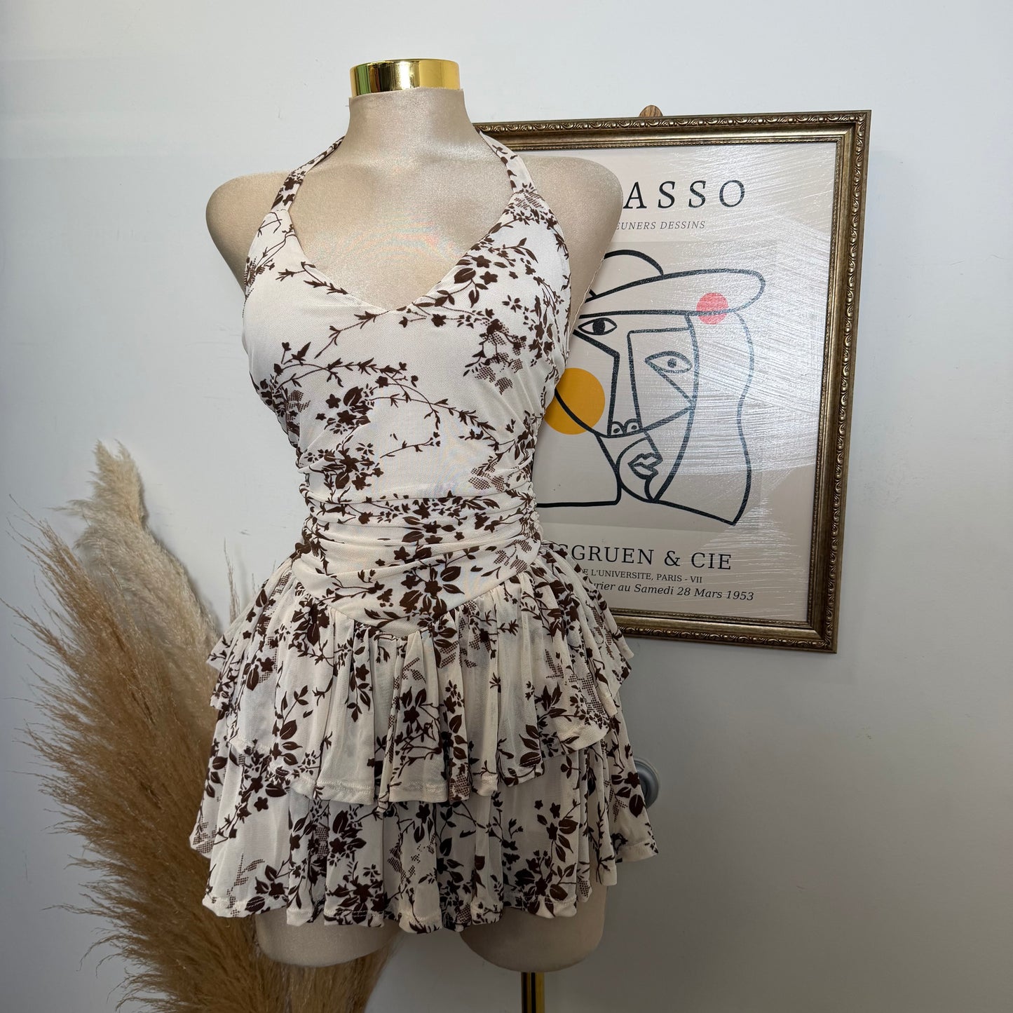 Floral Halter Double Layer Ruffle Mini Dress-Cream