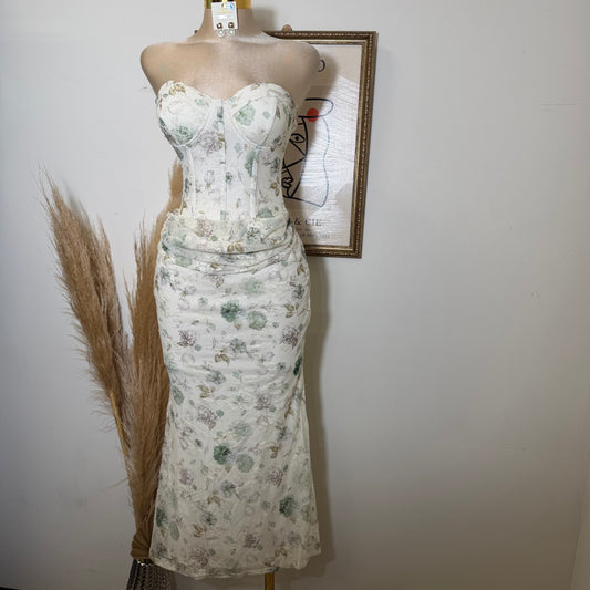 Strapless Floral Print Corset Midi Dress-Green Multi