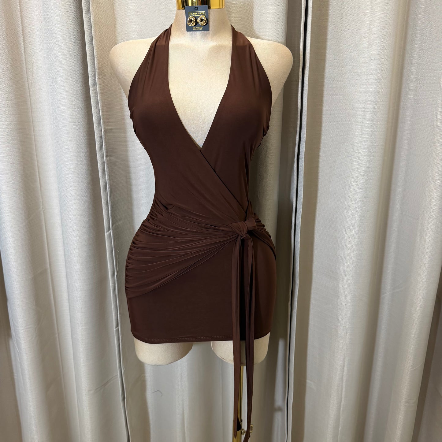 Halter Plunge V-Neck Mini Dress-Brown