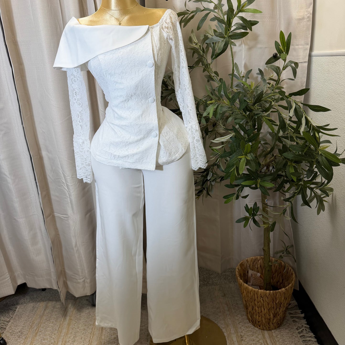 Double-Breasted Blazer Pant Set -White