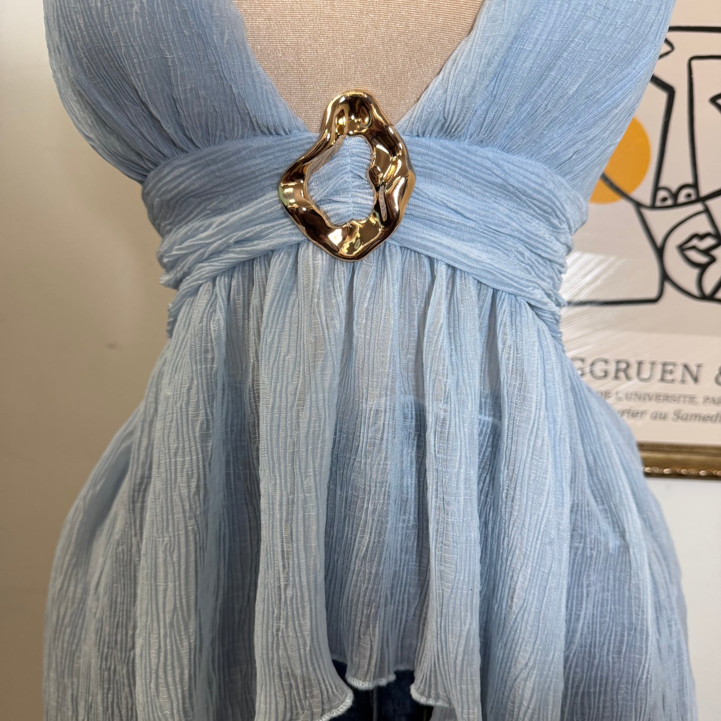 Textured Open back Top With Trim-Blue