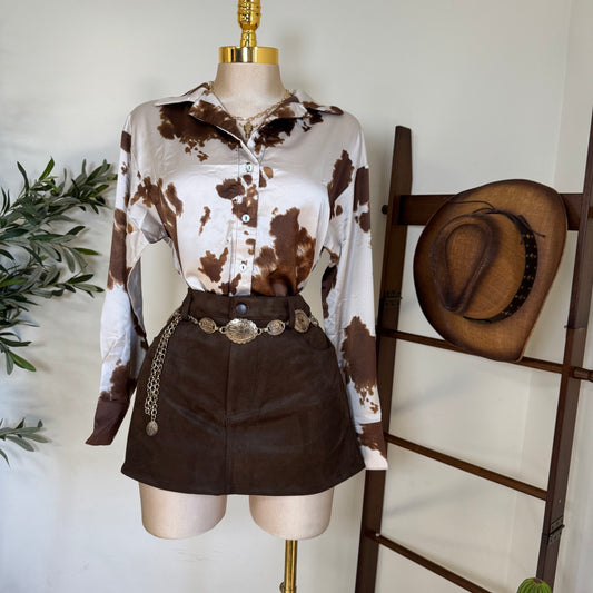 Cow Print Satin Button Down Long sleeve Shirt-Brown