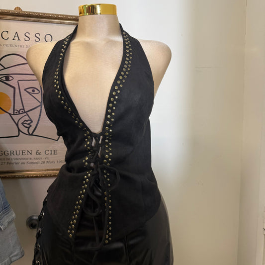 Suede Stud Detail Lace up Halter Top-Black