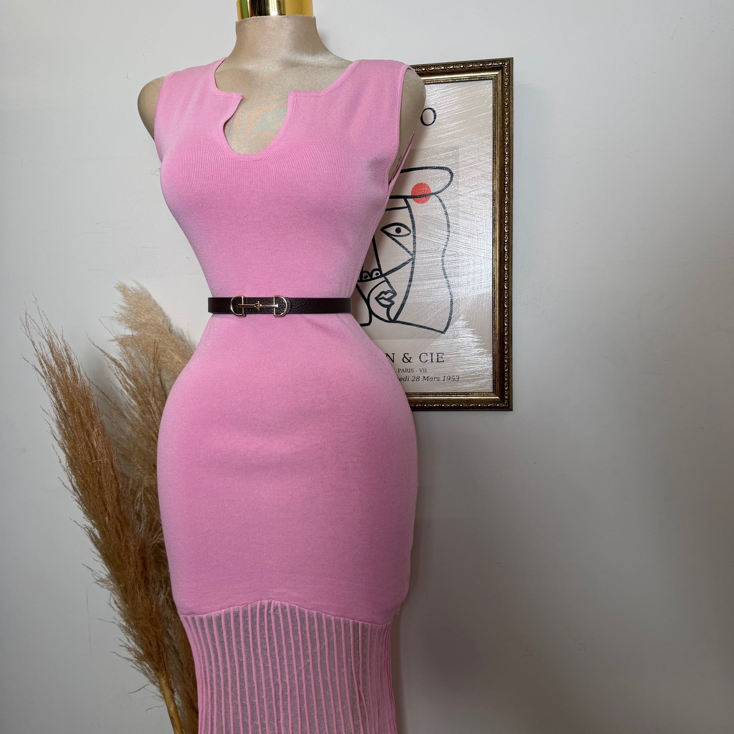 Sleeveless Maxi Knit Dress with Contrast-Pink