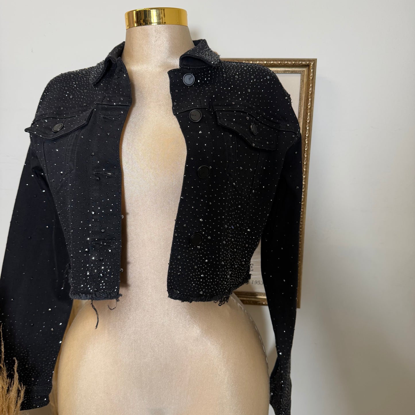Rhinestone Cropped Jeans Jacket-Black