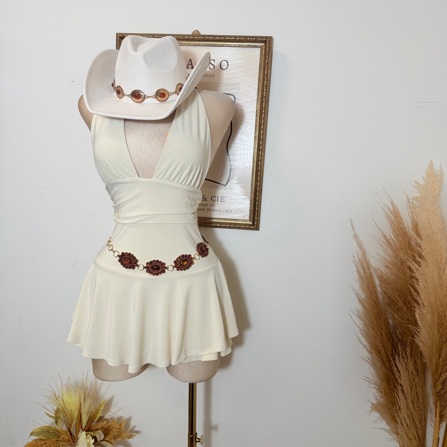 Sleeveless Open Back Halter Ruffle Romper-Beige