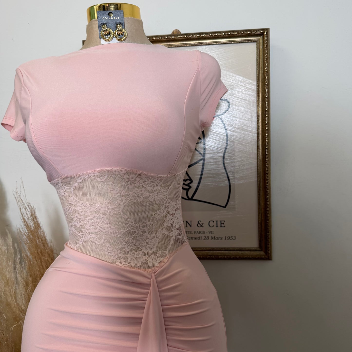 Lace Waist Contrast Midi Dress-Baby Pink
