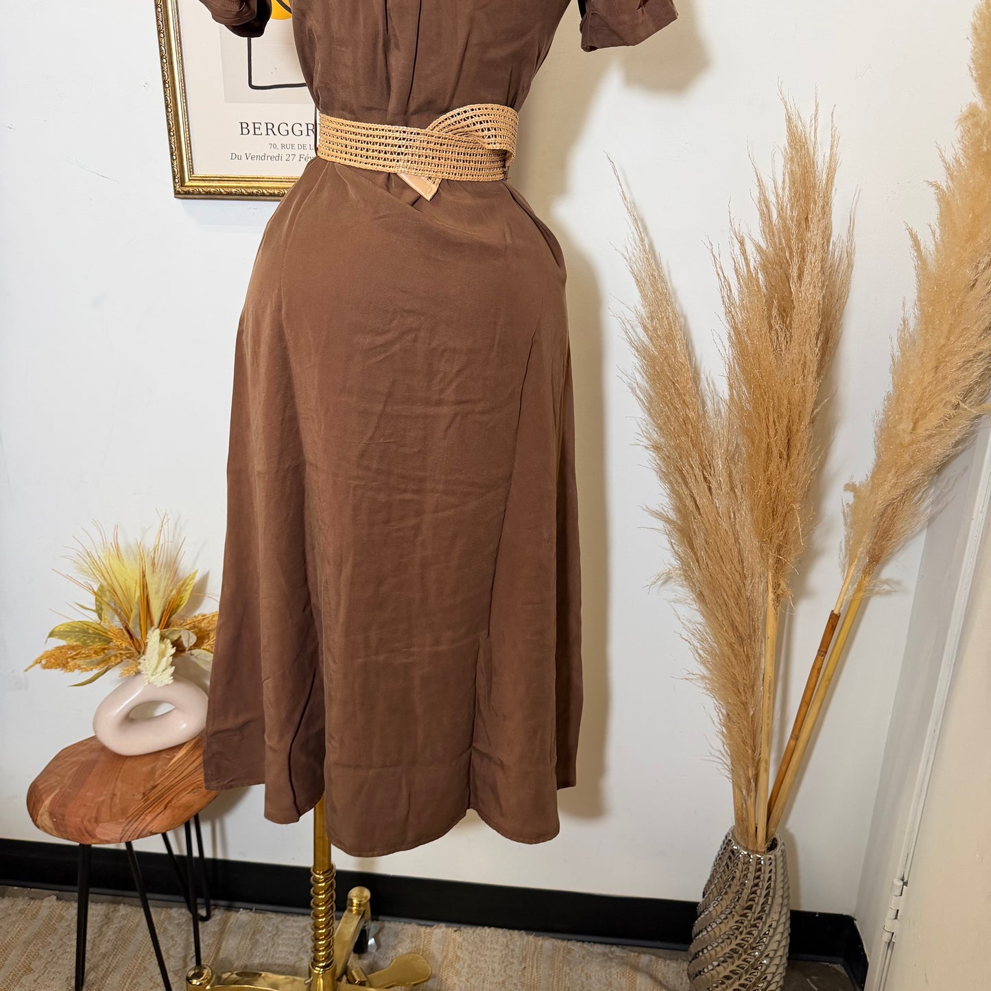Short Sleeve Belted Dress-Brown